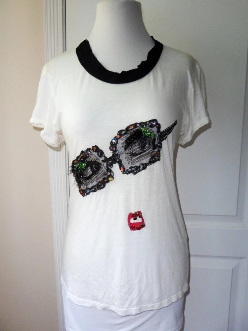 Lanvin Paris Slim Fit Shirt 3D Rhinestones/Jewels/Sequins Eyes Glasses & Lips L